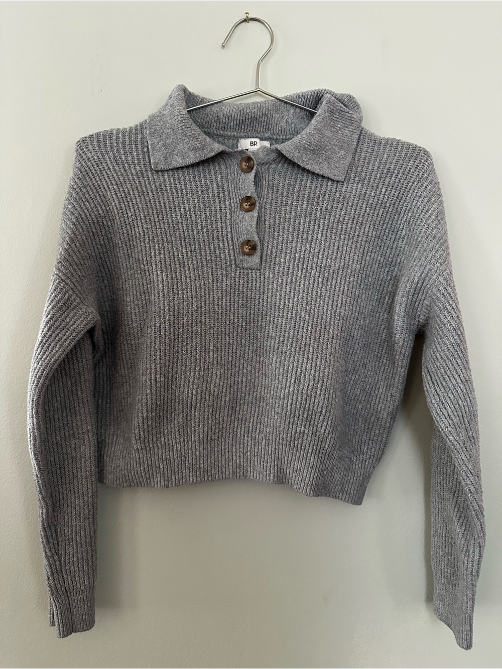 BP. Gray Ribbed Long Sleeve Polo Sweater Collared S